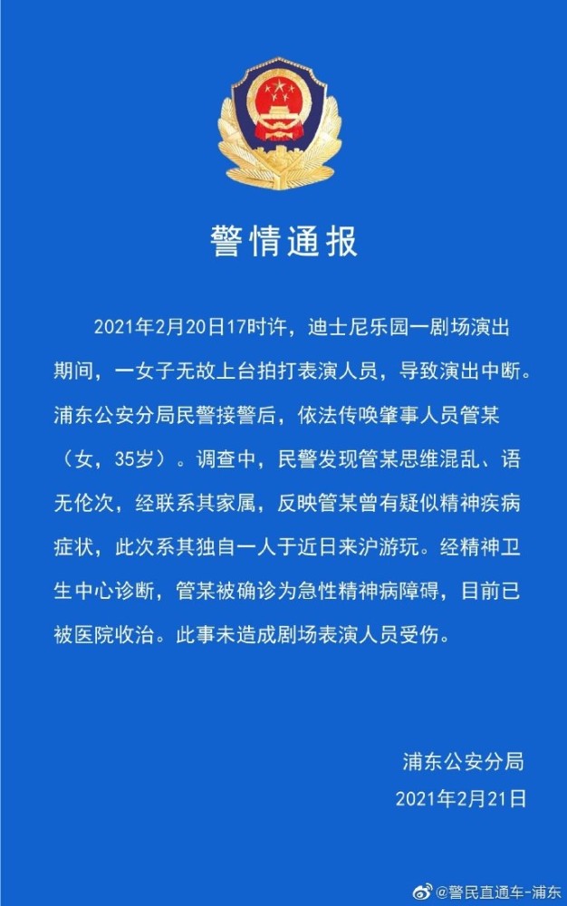 上海迪士尼游客上台殴打辱骂表演者 警方：肇事者为急性精神病障碍